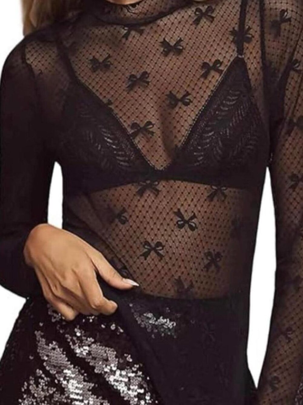 Maeve Bow Lace Turtleneck Sheer Mesh Top Feminine Halloween Whimsigoth Black S